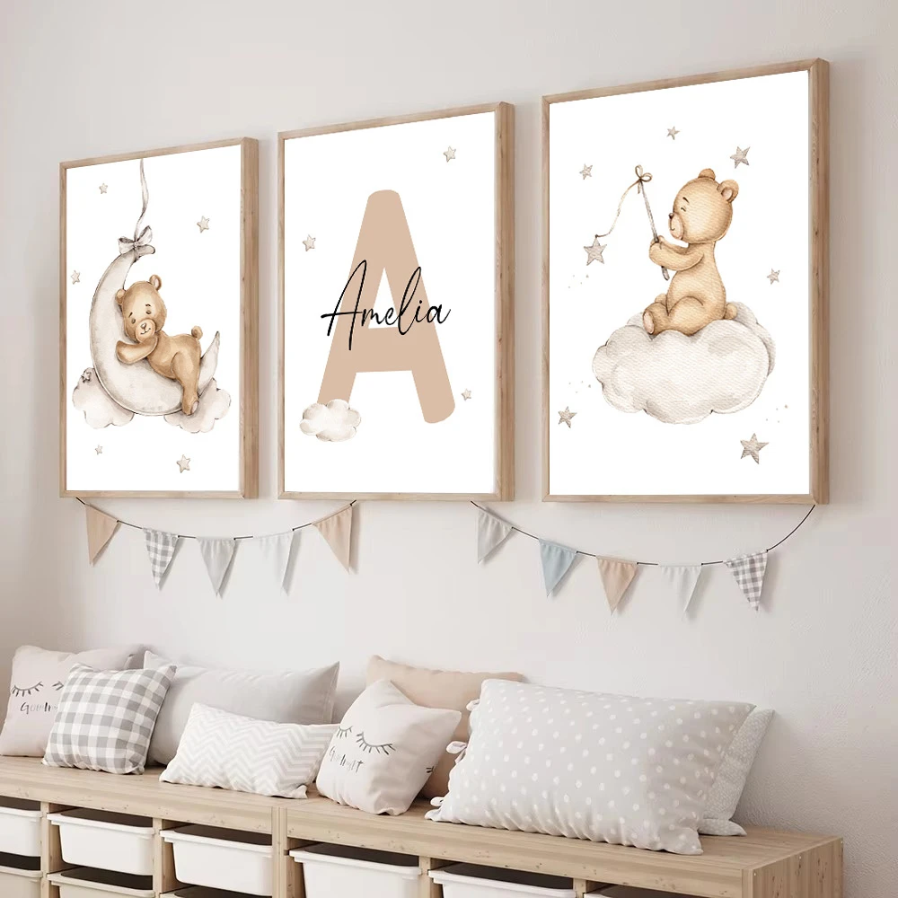 Cartoon Custom Bear Canvas Print Baby Personalized Name Posters And Prints Nursery Wall Art Painting Pictures Kids Room Decor - Image 3