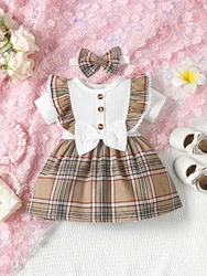 0-2 Year Old Newborn Girl Baby Fake Fly Edge Plaid Short Sleeved Dress