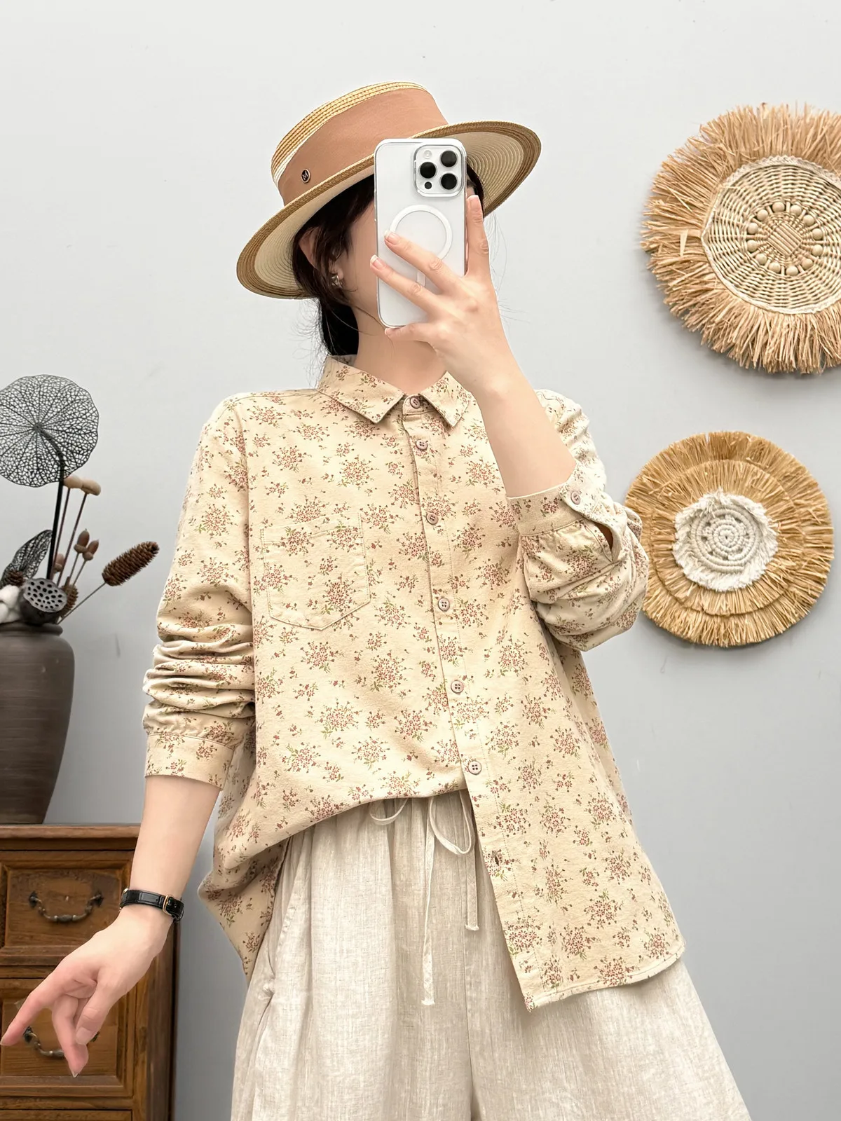 2026 Winter brushed shirts & blouses for women autumn Japan style vintage long sleeve printed shirts lady tops and blouses
