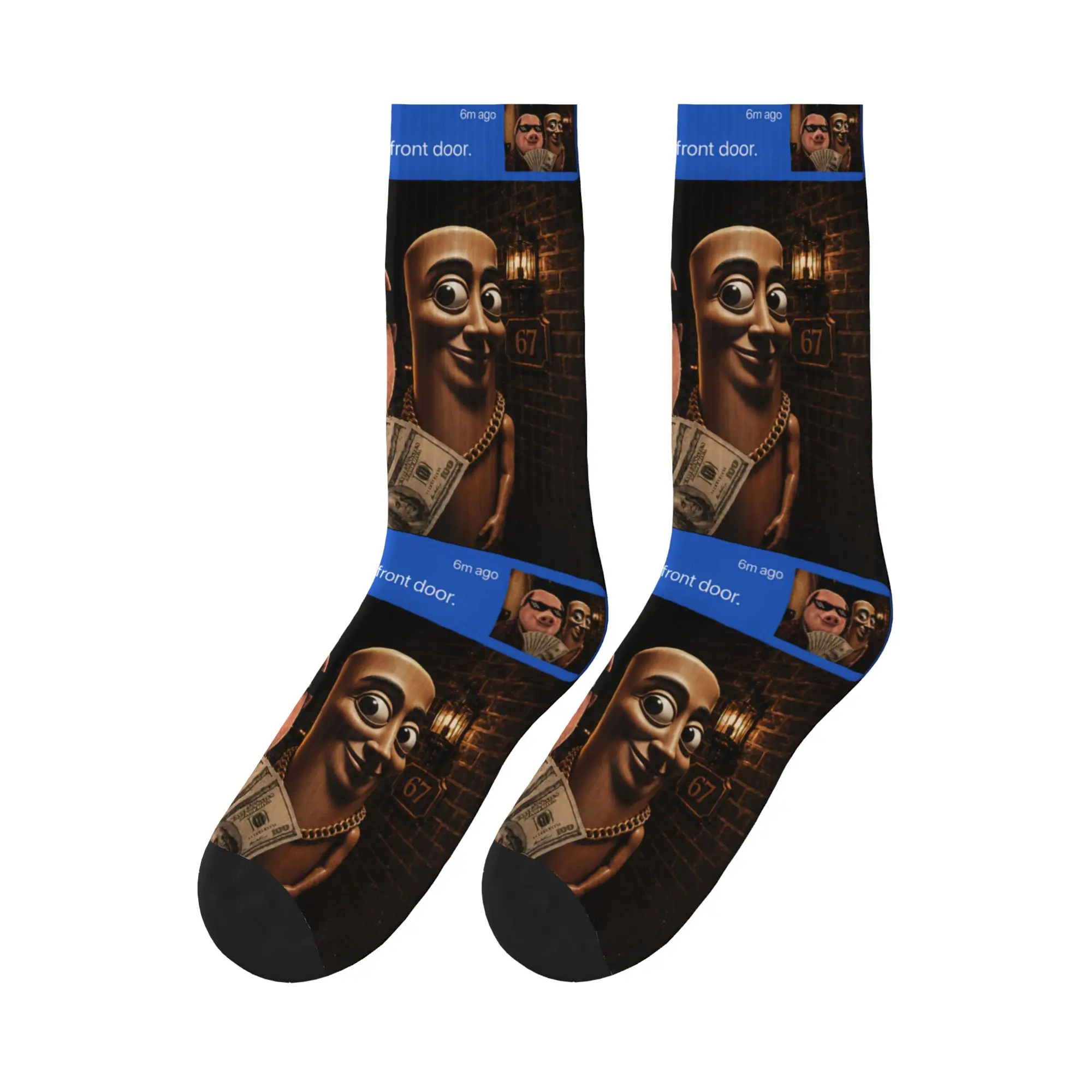 John Pork and Tung Tung Tung Sahur Front Door Motion Socks Autumn  Stockings Retro Men Soft Socks Graphic Running Anti Socks