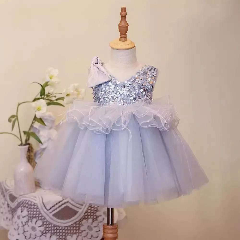 Baby Girl Blue Lace Birthday Baptism Gown Infant Sequin Lace Fluffy Costume Girl Carnival Party Dress Toddler Fashion Clothes