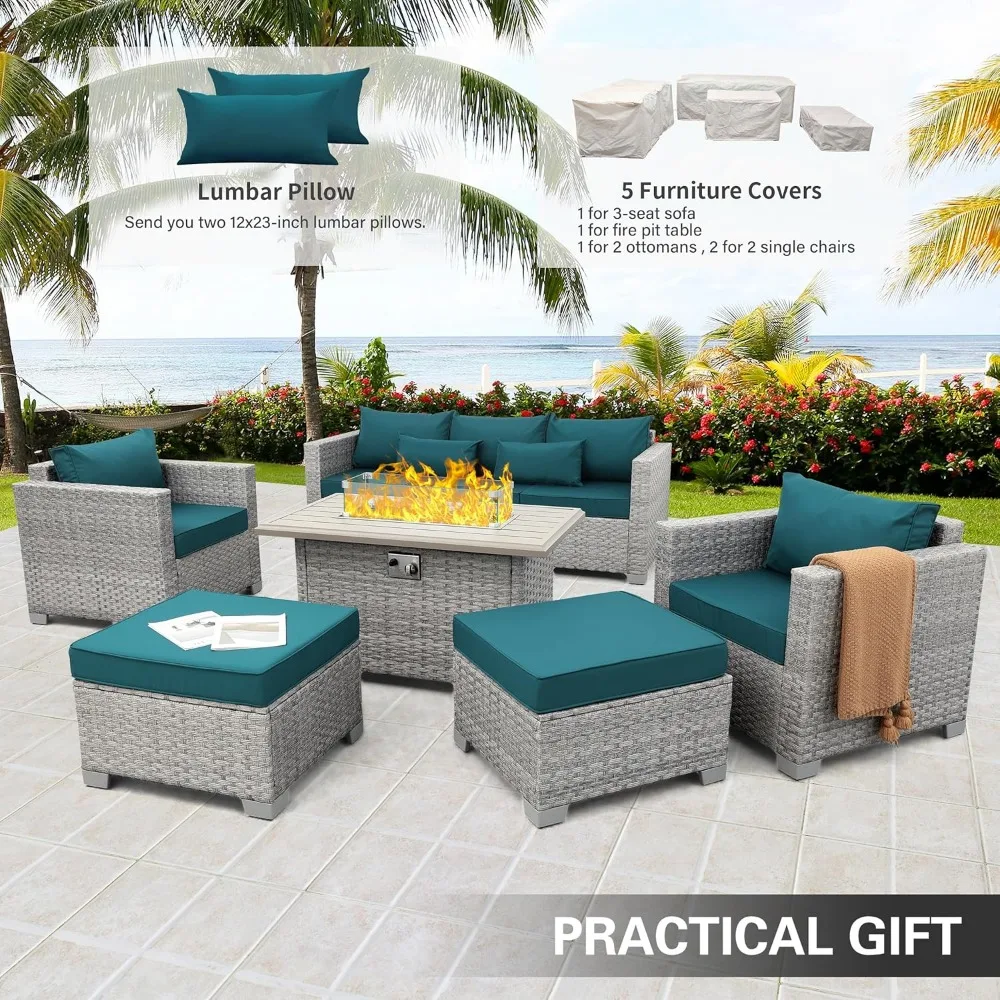 Patio Furniture Set 6 Piece Grey Wicker Outdoor Furniture Patio Sectional Sofa Couch PE Rattan Conversation Sets with Fire Table