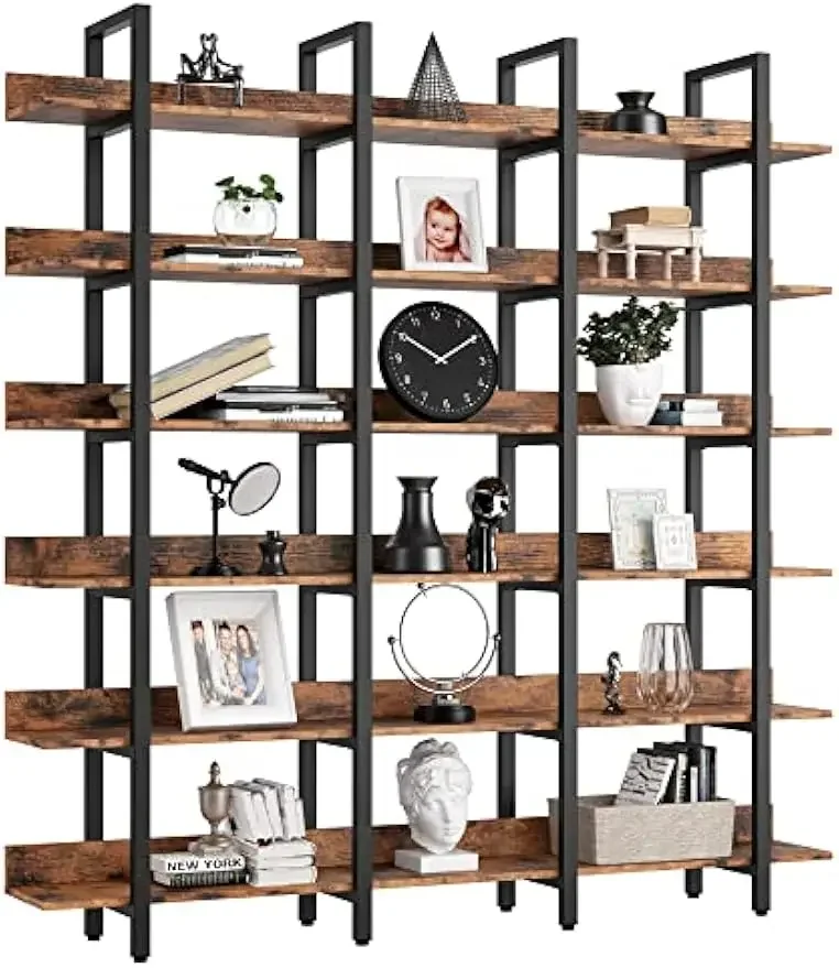 Bookcase and Bookshelves Triple Wide 6 Tiers Large Open Shelves, Etagere Bookcases with Back Fence for Home Office Decor,