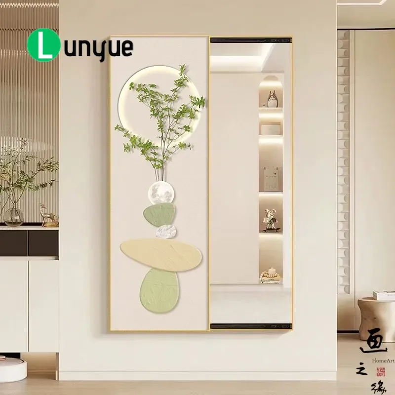 Espelho de Correr Estilo Creme, Espelho de Corpo Inteiro com Pintura Decorativa Oculta, Arte de Parede Simples e Fresca para Entrada, Decoração de Cas