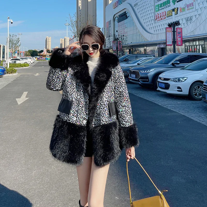 Fashion Sequins Leopard Patchwork Faux Fur Lapel Female Fur Coat Winter Casual Long Sleeve Warm Imitation Rabbit Fur Outerwear