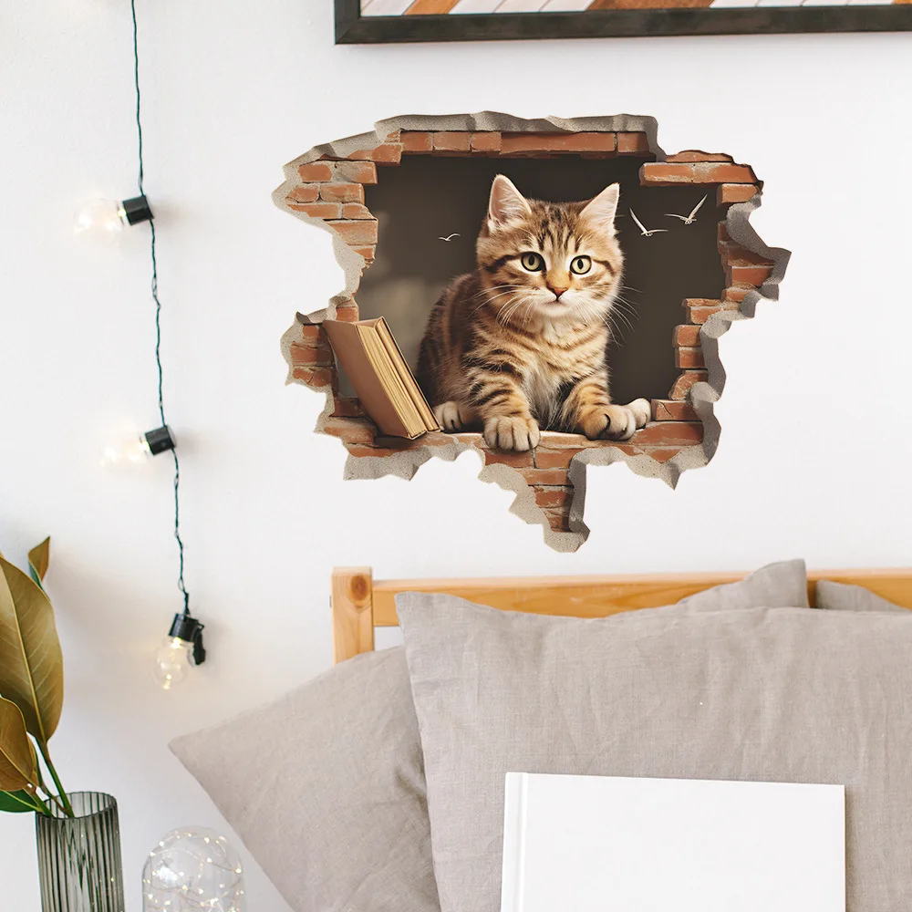 New Cartoon Cute Wall Breaking Cat Bedroom Living Room Entrance Background Beautification Wall Sticker