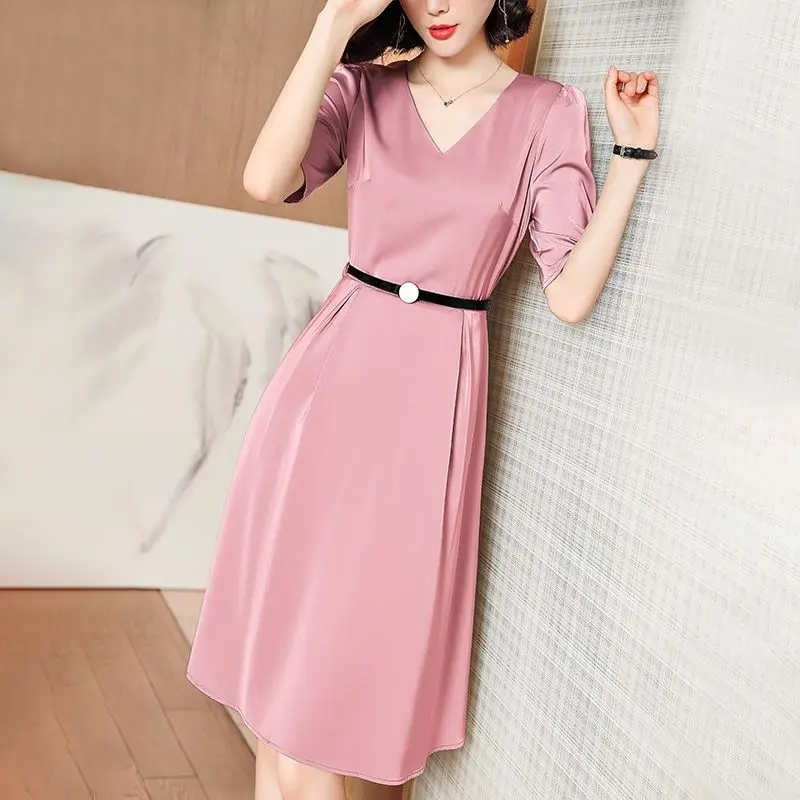 

Office Lady Solid Color Sashes Midi Dress Summer Elegant V-Neck Women's Clothing Half Sleeve Basic Stylish Folds A-Line Dresses