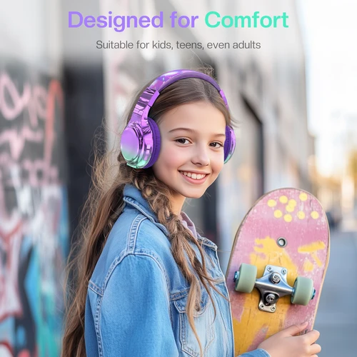 Imagen 2 del producto Auriculares Bluetooth brillantes para niños y niñas, auriculares estéreo inalámbricos con micrófono para viajes, casco de música para niños, regalos de navidad