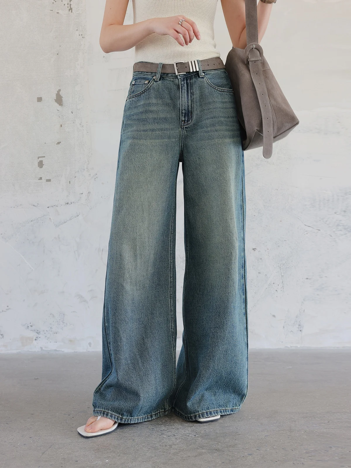 

JWUNIQUE Blue Vintage Stretch Wide Leg Jeans Women's Straight Floor-Length Trousers Spring New Style Comfortable Casual Jeans