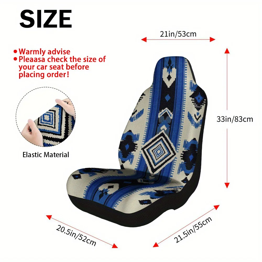 2pcs Geometric Blue Stripes Print Car Seat Covers - Durable Polyester, Easy Installation & Machine Washable, Stylish Interior Ac
