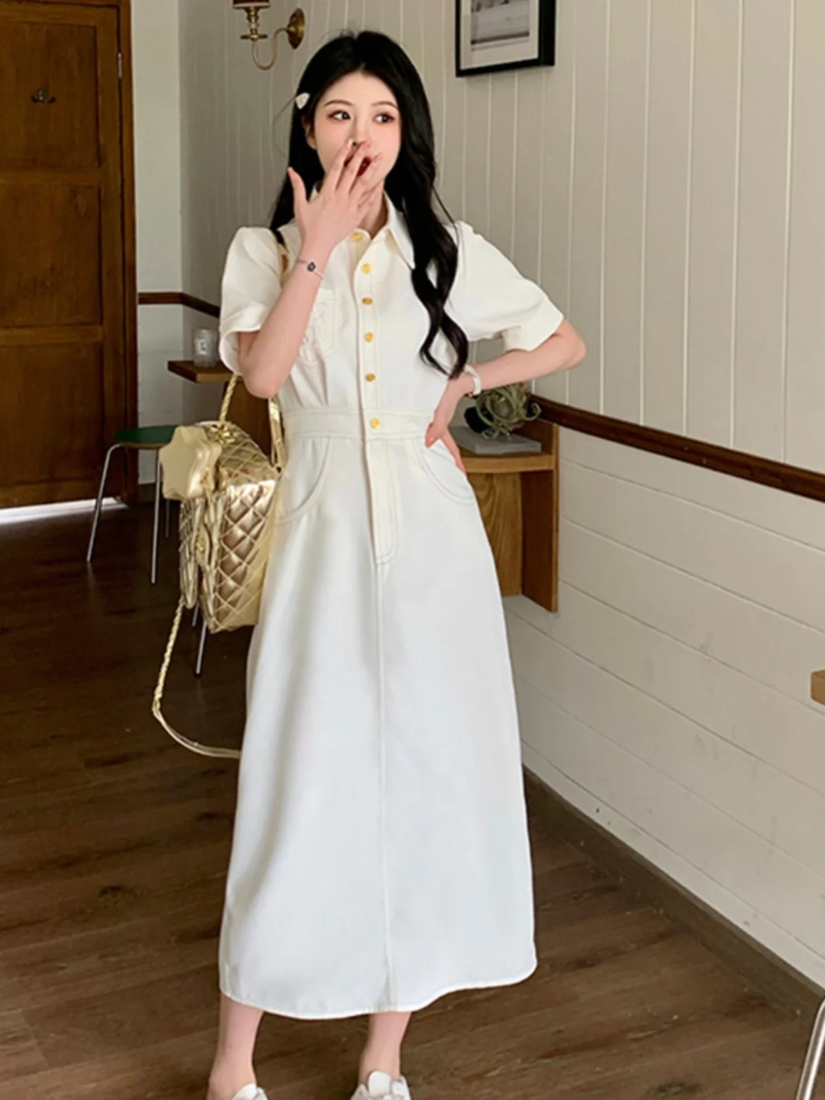 

Летнее женское платье больших размеров с воротником, А-силуэта, длинное, приталенное, с завышенной талией, коротким рукавом, в корейском стиле, повседневное