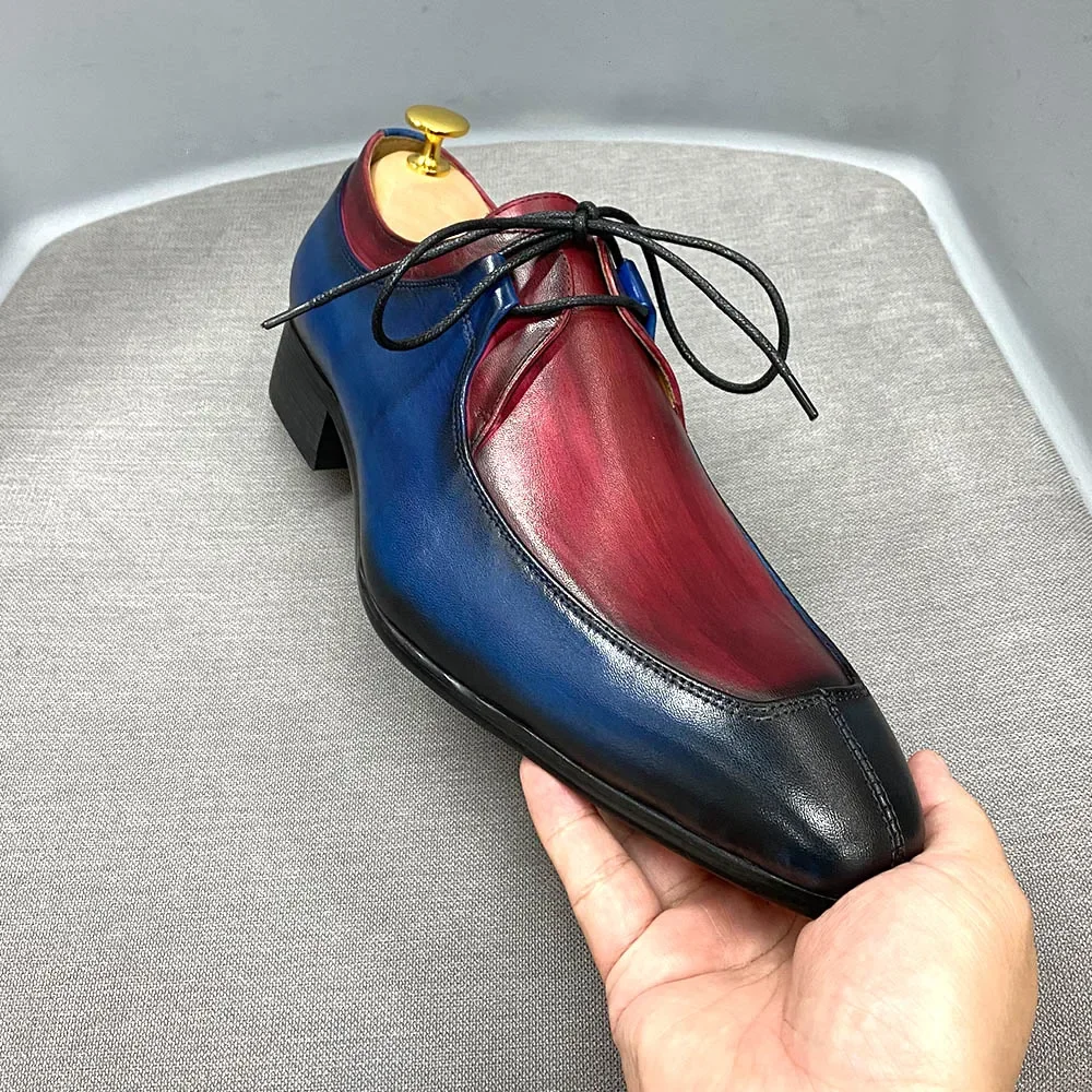 Mens Formal Genuine Cow Leather Oxford Shoes Pointed Toe Social Male Wedding Dress Mixed Colors Lace Up Daily Office Men Shoes