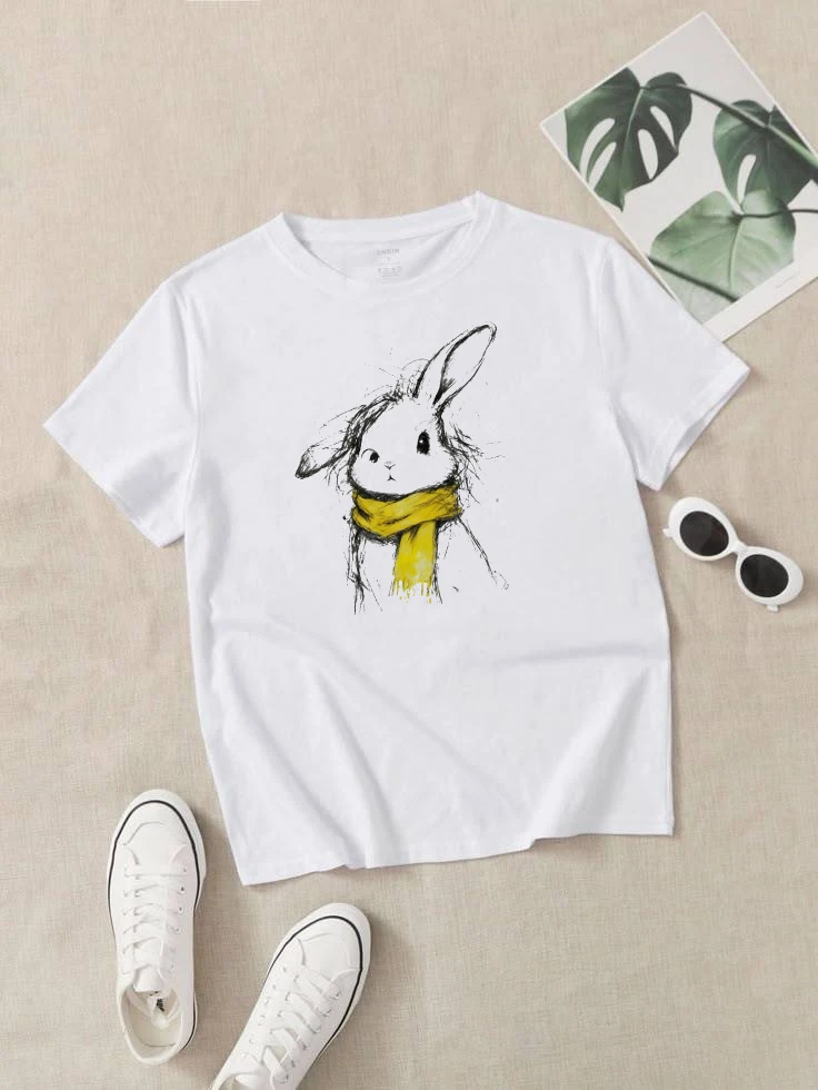 

Women's White Short-sleeved Loose Cotton Round Neck Print Cute Rabbit Wearing Scarf Women's Fashion Clothing