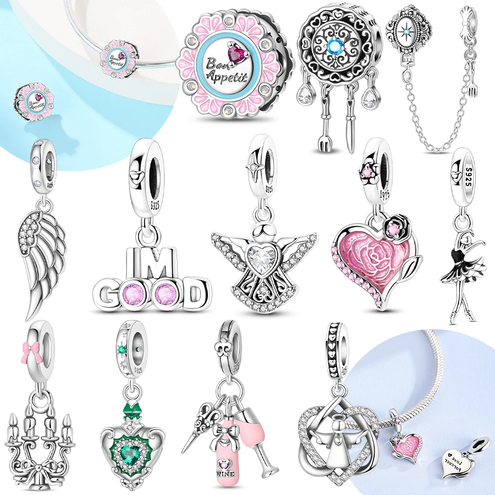 

Rose Flower Pink Pendant Heart Green Zircon Wing Original 925 Silver Bead Fit Bracelet Delicate Acessory Women Diy Gift Jewelry