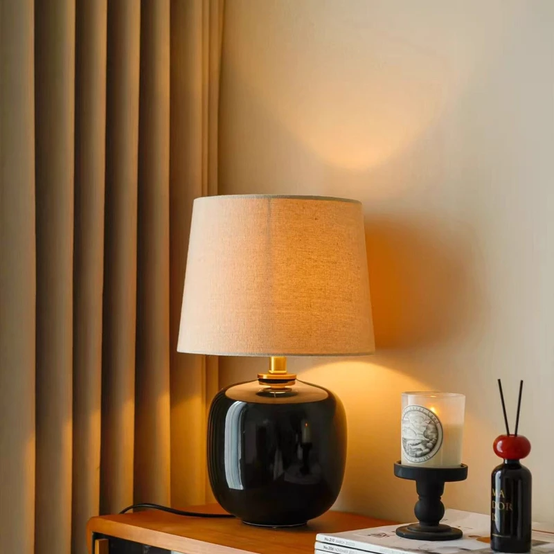 

Nordic Black Ceramics Base Table Lamps Rotundity Fabric Lampshade Moden Living Room Bedroom Restaurant Office Reading Desk Light