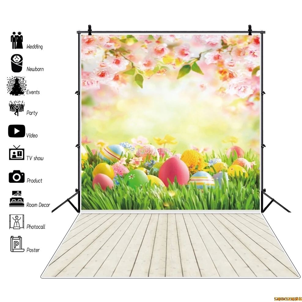 Spring Easter Backdrop Eggs Bunny Flowers Grassland Wood Floor Baby Birthday Party Kids Portrait Photography Background Decor