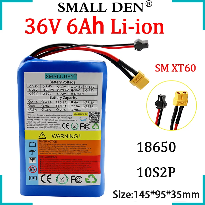 

New 36V 6Ah 18650 Lithium Battery Pack 6000mAh For Electric two wheeler ultra-thin Portable 10S2P Extension ebike Li-ion Cells