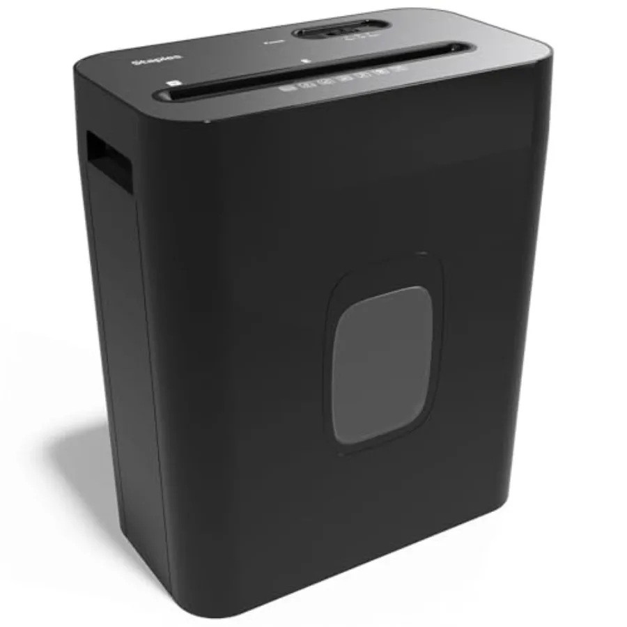 

Home office paper shredder with cross-cut blades, black metal-plastic composite body, ultra-quiet operation, auto start/stop an