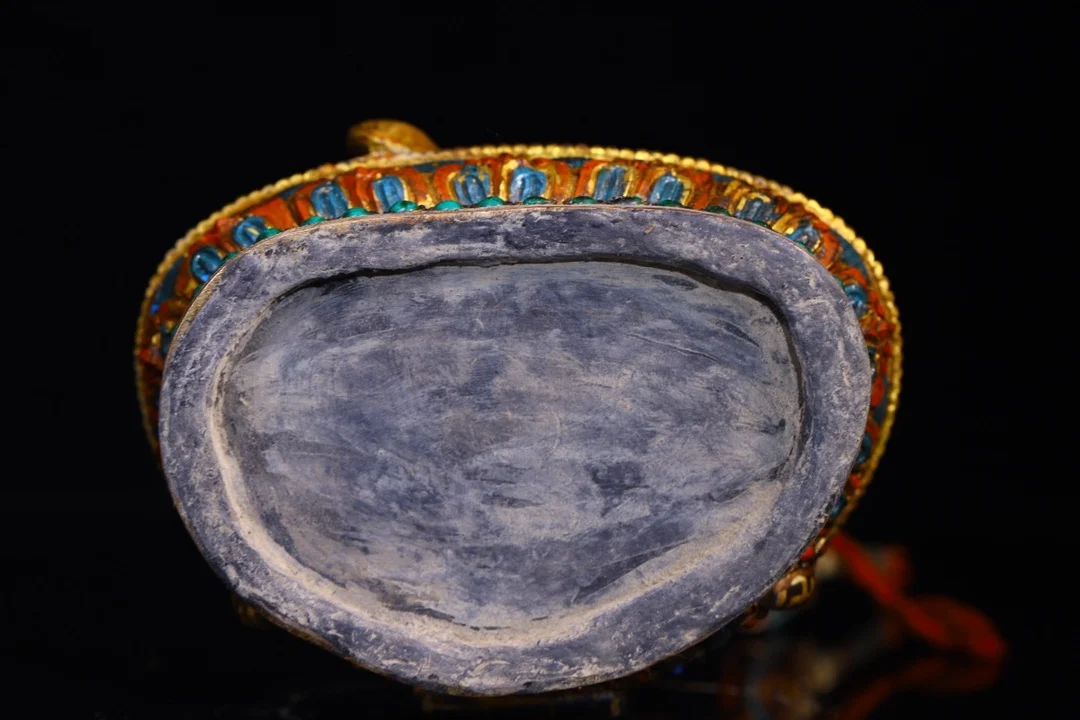 

9"Nepalese folk Old Tibetan Silver Gilded Face Mosaic Gem gZi Beads Guru Rinpoche Padmasambhava Sitting Buddha