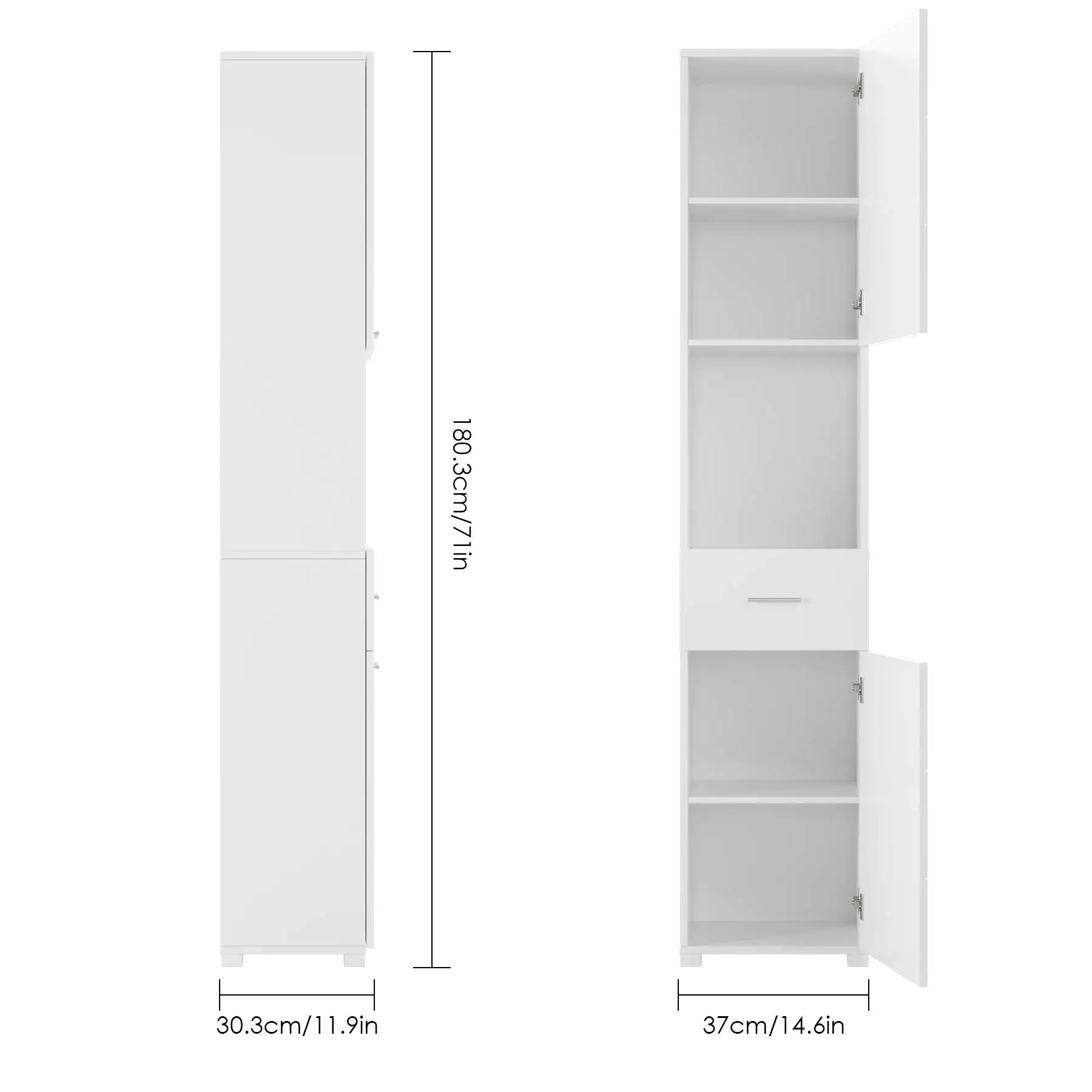 Getone Tall Bathroom Cabinet, Bathroom Storage Unit, Freestanding Cupboard, Slim Tallboy with Drawer and 2 Doors, White Wooden 37x30x180cm