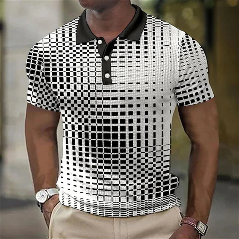 Vintage Waffle Graphicpolo Shirts For Men Clothes Fashion Male Streetwear Casual Plaid Check POLO Shirt Simple Stripes Boy Tops