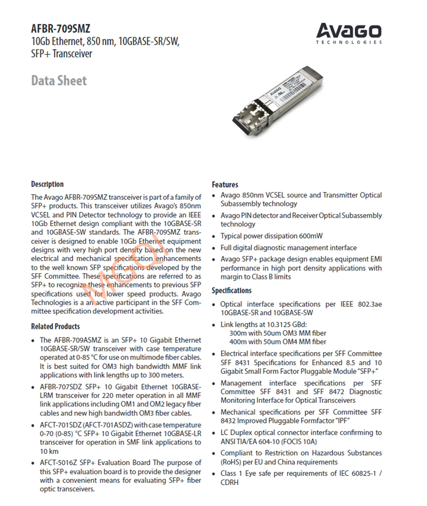 AVAGO-Interruptor adaptador de rede, módulo de fibra óptica, 10GB, SFP, SC, AFBR-709SMZ, 10G, 850nm, lc-lc, sfp