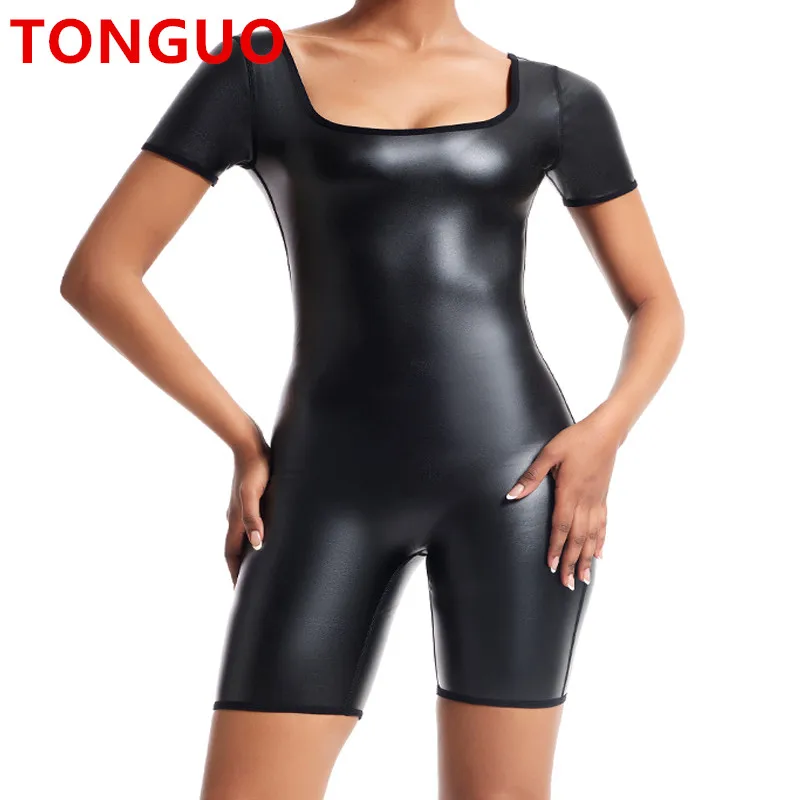 

TONGGUO Women Bodysuits Leather Jumpsuit Catsuit Bodycon Romper Sport Fitness Yoga Shapers Sexy One Piece Faux Leather Shapewear