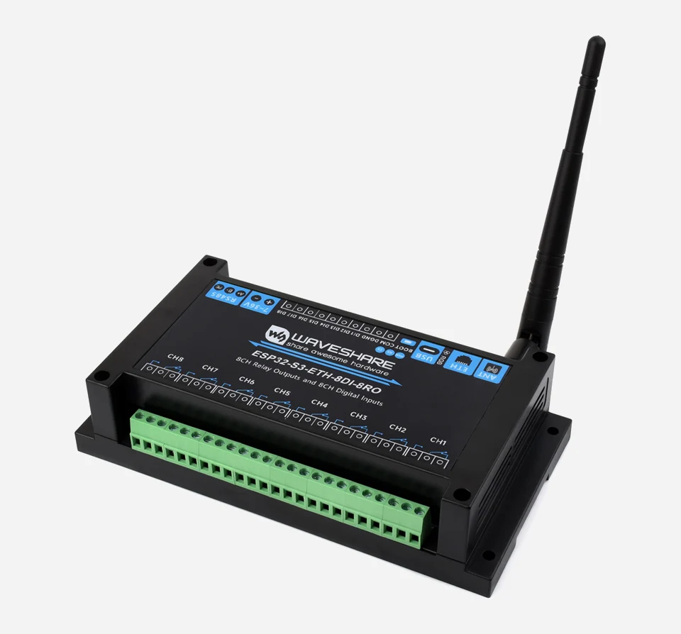 RJ45 RS485 Industrial 8 Channels ESP32-S3 WiFi Relay Module Remote Control Board Isolated RS485 PoE ESP32-S3-ETH-8DI-8RO