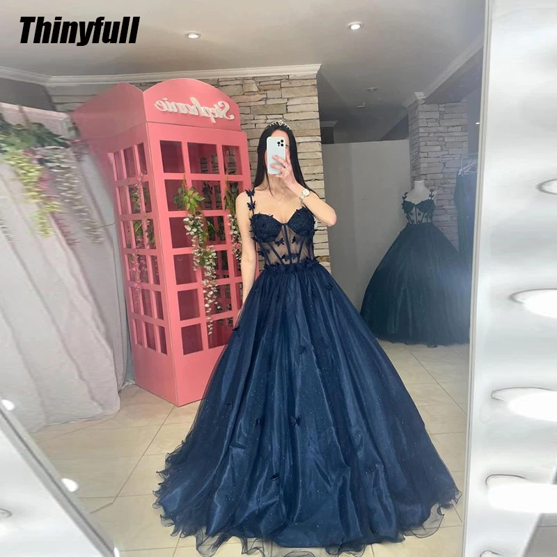 

Thinyfull A-line Glitter Tulle Prom Dresses Sweetheart Spaghetti Strap Butterfly Evening Party Gowns 2024 Formal Occasion Dress