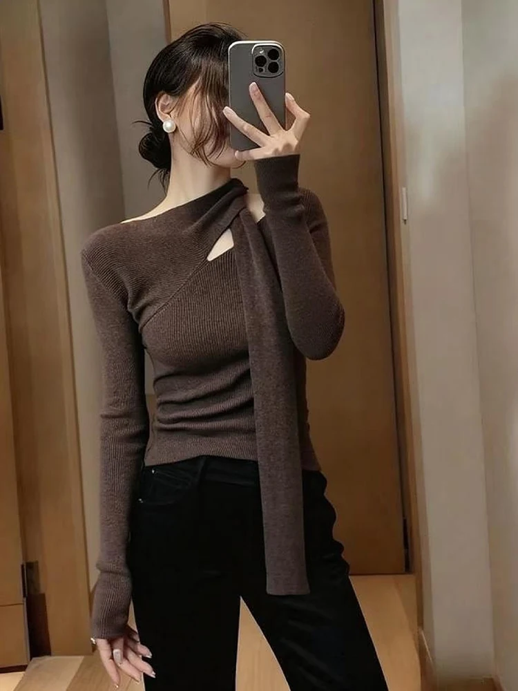 

Ele Asymmetric Sa oulder Bared Knitwear Women's Autumn Winter New Design Long Sve Faionable Youthful Top