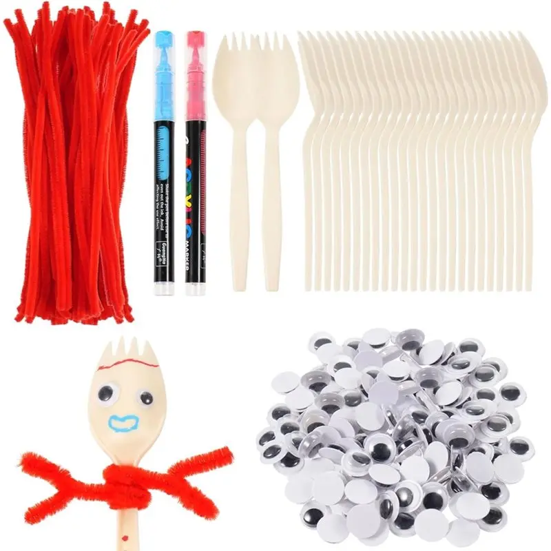 مجموعة A58Z 50Sets Fork Craft Kit تتضمن منظفات الأنابيب الحمراء الرياضية ذاتية اللصق عيون جوجلي وأقلام تحديد اصنع مجموعة الحرف اليدوية الخاصة بك #1