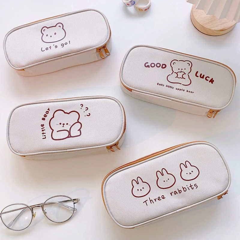 Imagem -05 - Kawaii Canvas Lápis Case para Meninas e Meninos Lápis Urso dos Desenhos Animados Pen Bolsa Caixa de Lápis Grande Capacidade Bolsa Papelaria Presente