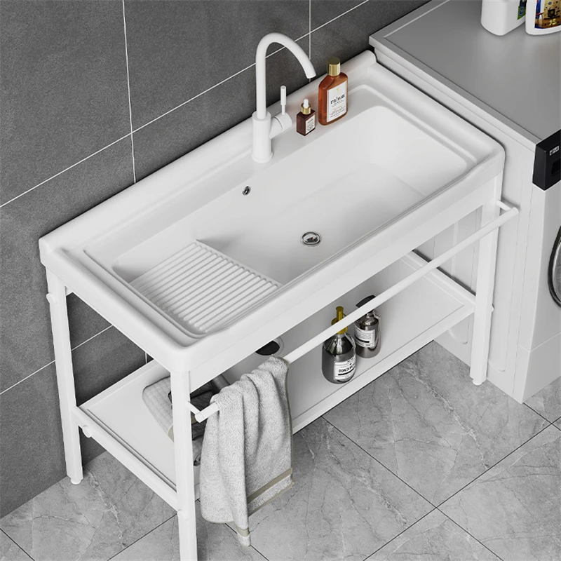 Balcony Laundry Basin Ceramic Laundry Pool Integrated Basin with Washboard Stainless Steel Bracket Laundry Sink Sink Washbasin