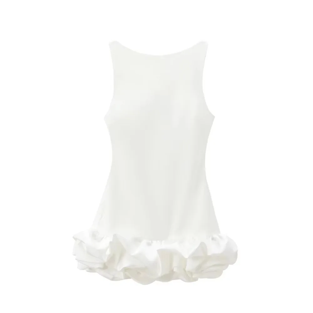 

Sexy Round Neck Spaghetti Straps Ruffles Edge Backless Mini Party Dress