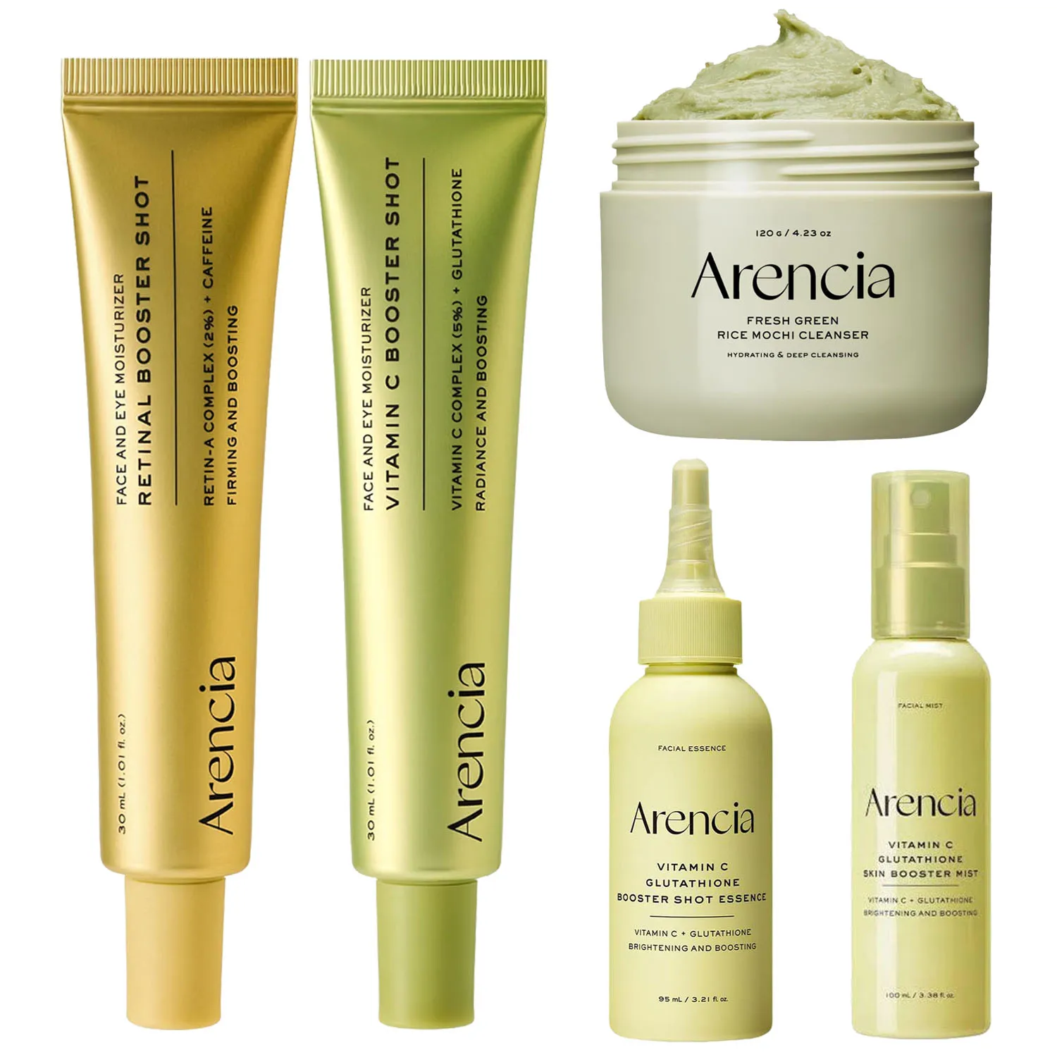 Arencia Retinal Booster Shot Serum+Mochi Face Cleanser+Skin Booster Facial Spray Deep Cleansing, Firming Moisturizing Fine Lines