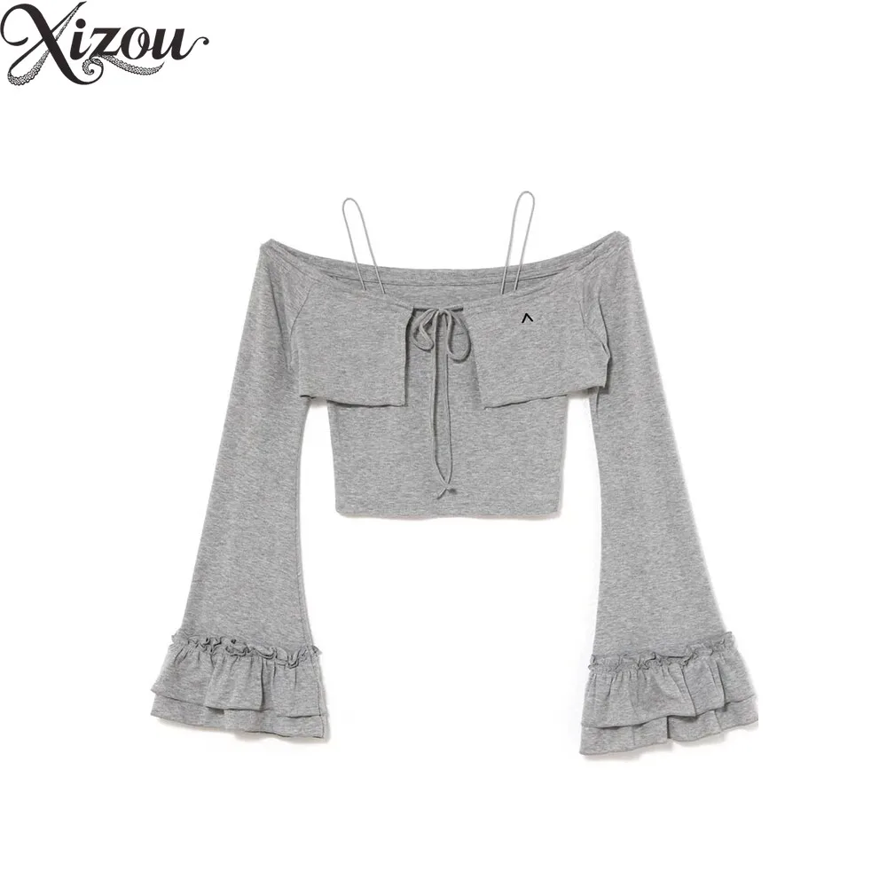 Bell Sleeve Tie Top Camisole Two Piece Set Spring Summer Slim Gray Cardigan Casual Outfit Japanese Suspender Vest Spice Sweet