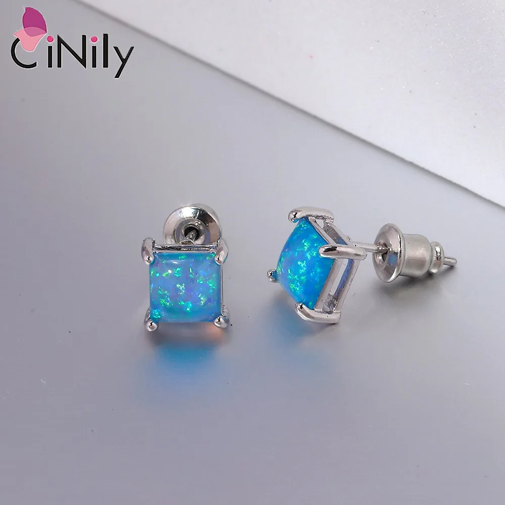 CiNily-pendientes de plata de ley 925 con forma cuadrada para mujer y niña, joyería de ópalo de Fuego Azul, SE018