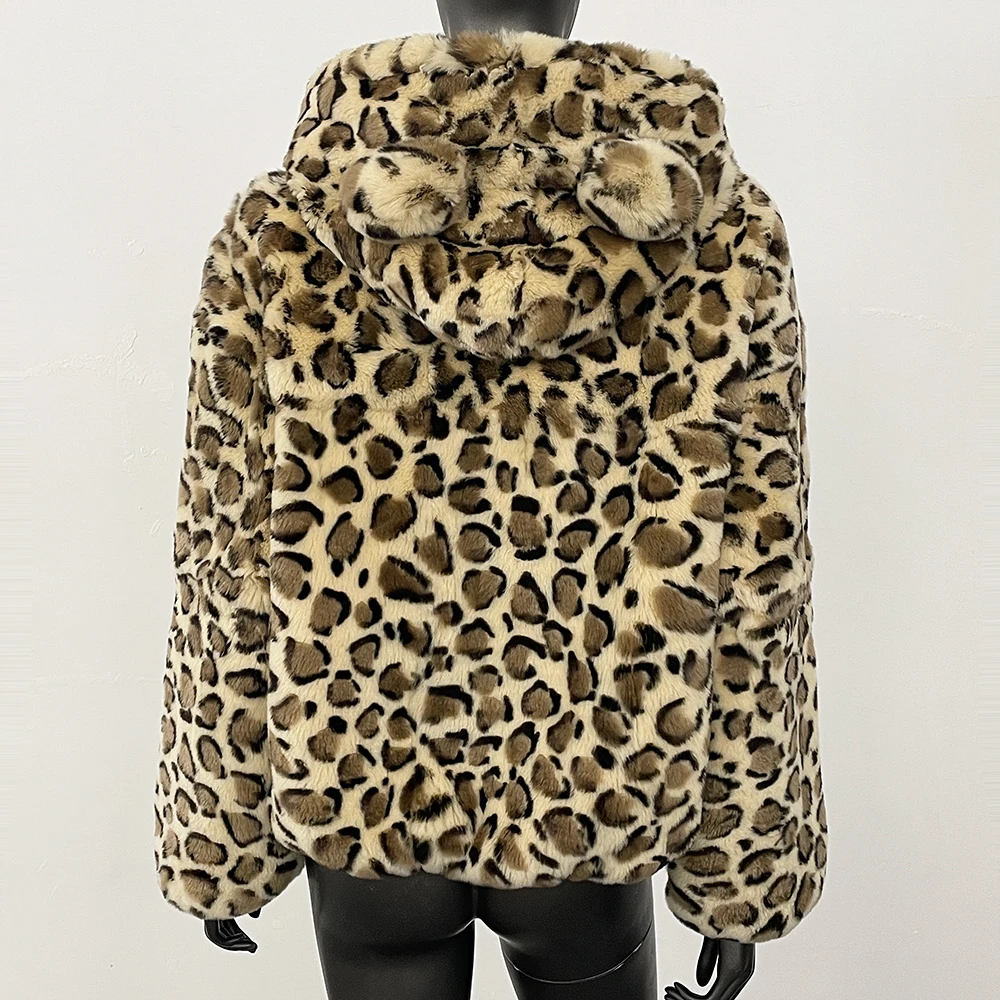 MENINA 2025 New Winter Clothing Women Natural Rabbit Fur Jacket Short Hooded Zipper Real Fur Coat Female Fashion Leopard Clothes