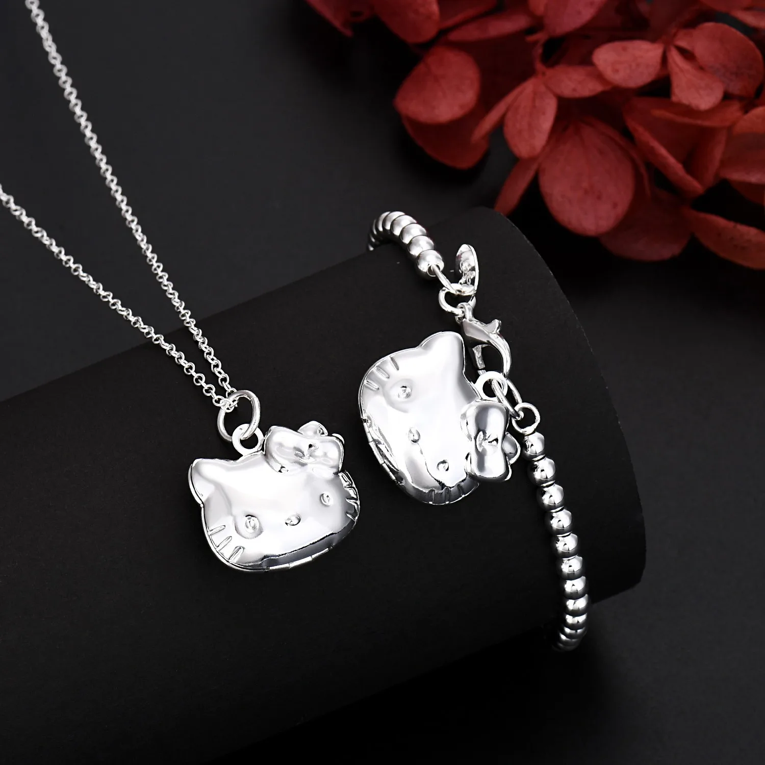 New luxury 925 Sterling Silver fine Cute Cat necklace bracelet for Women Jewelry set fashion designer Party Wedding Gifts