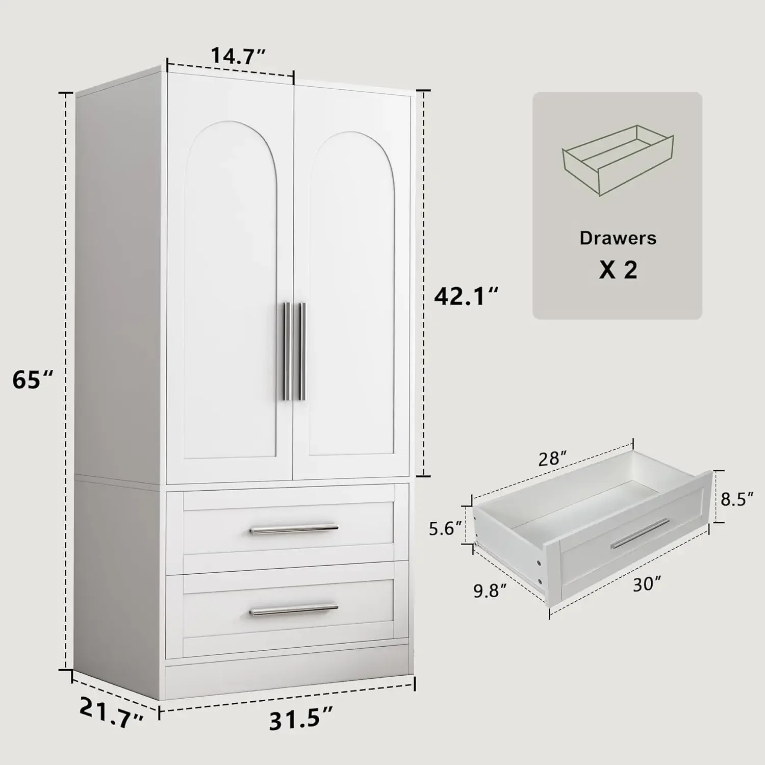 Wooden Armoire Wardrobe Closet with 2 Drawers, Clothing Storage Cabinet with Shelves Aluminum Hanging Rod, Modern Bedroom Clothi