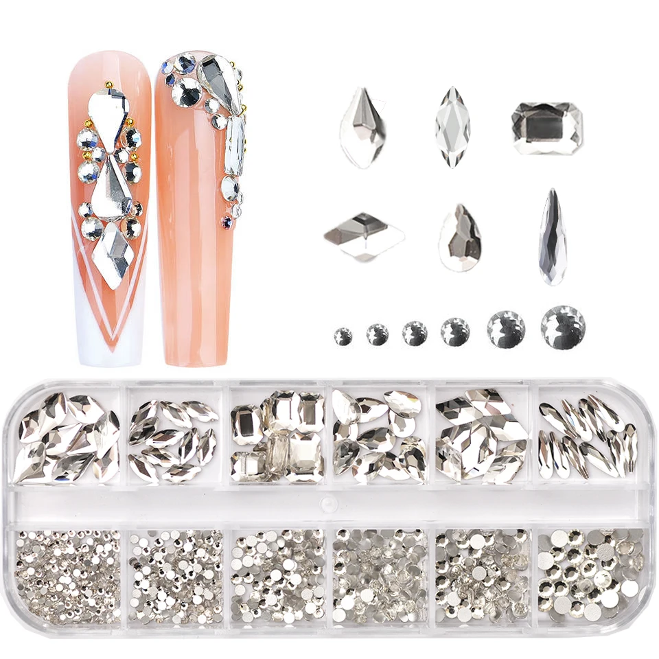 12 griglie Clear Mixed size Nail Art strass Crystal 3D Glitter Non Hotfix Diamond Decoration accessori per unghie