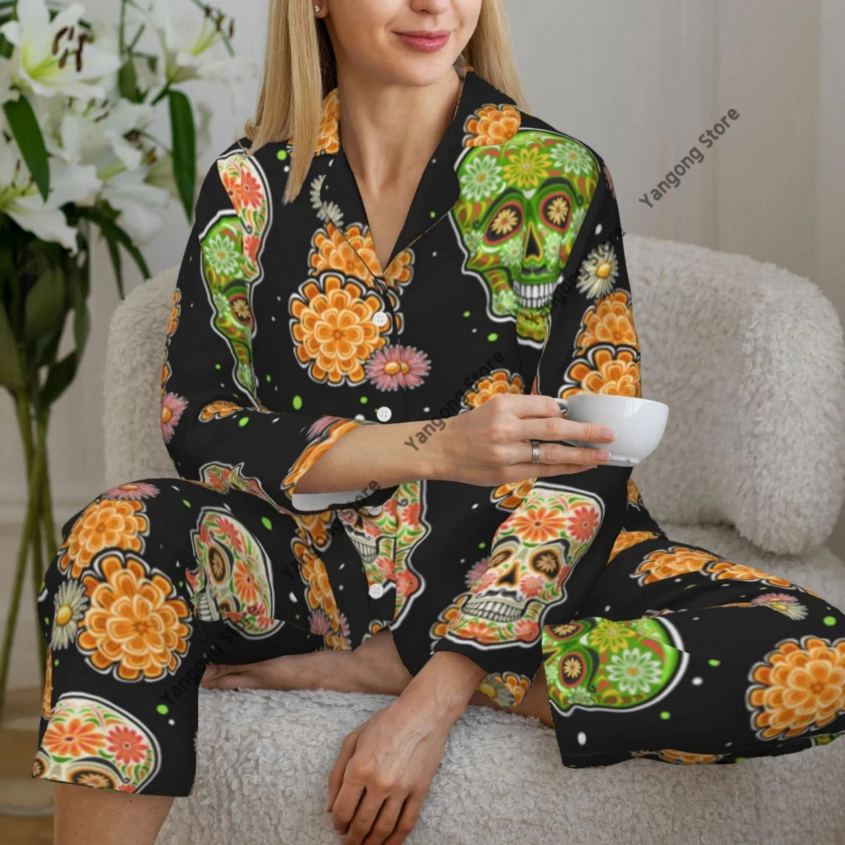 

Women's Pajamas Long-sleeved Girl Loungewear Two-piece Set Day Of The Dead Skulls Pajamas for Autumn Spring