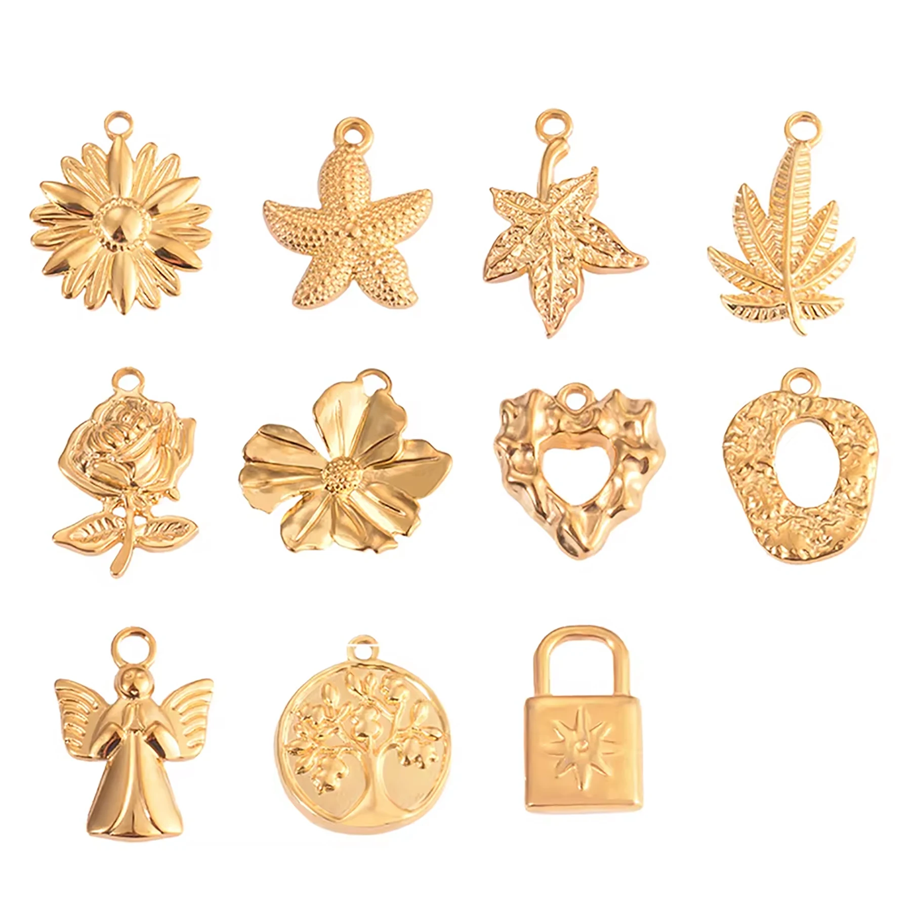 

10pcs Stainless Steel Gold Rose Geometry Leaf Heart Lock Charms DIY Necklace Earrings Pendants Jewelry Making Accessories