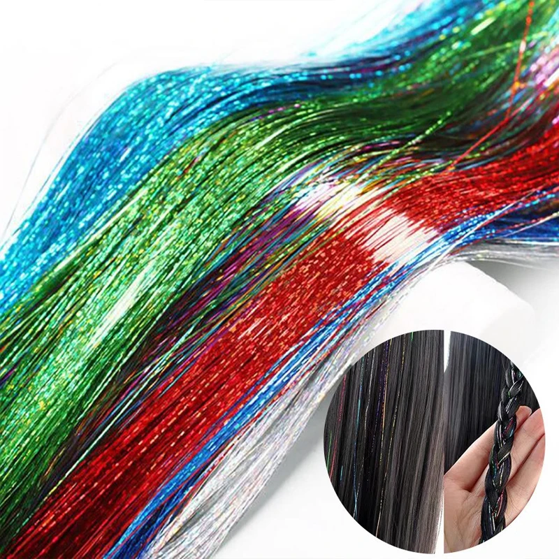 90cm Shiny Sparkle Threads Glitter Hair Tinsel Rainbow Strands Gold Hair Laser False Hair Extensions For Women Girl Kids Styling