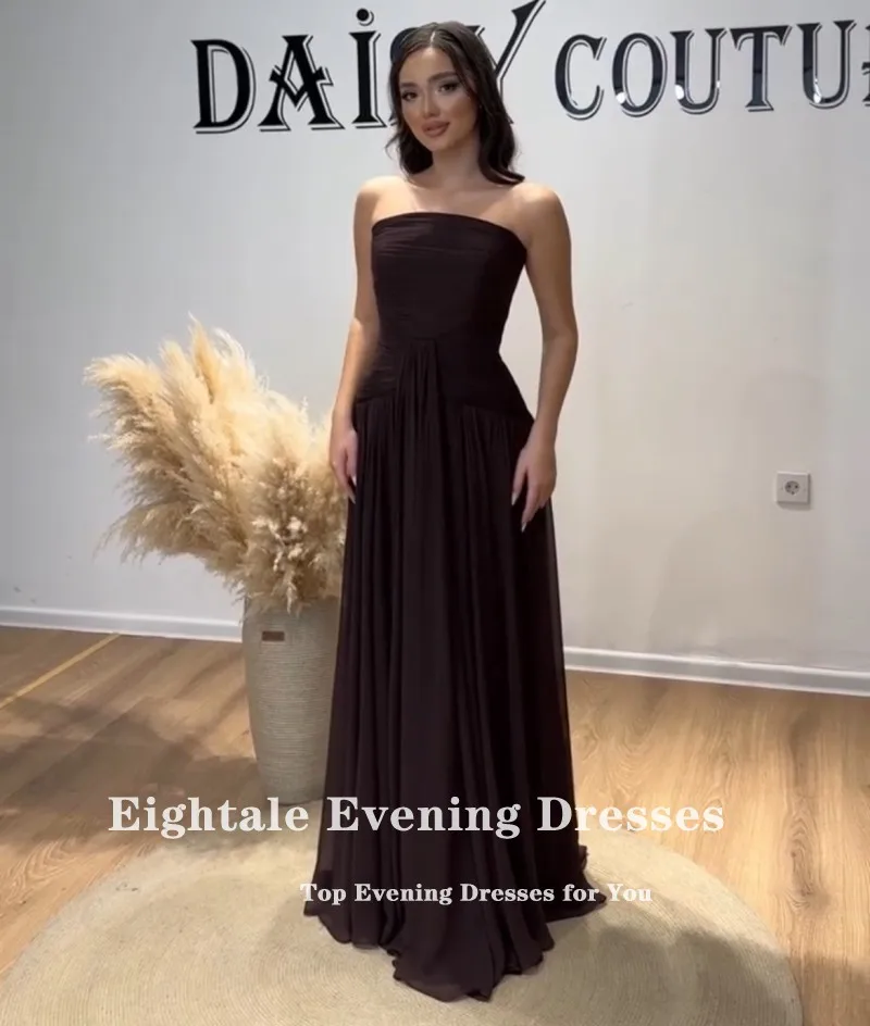 Eightale Arabische Abendkleider für Hochzeit, Party, trägerlos, maßgeschneiderte Chiffon-Falten, A-Linie, bodenlang, muslimische Ballkleider