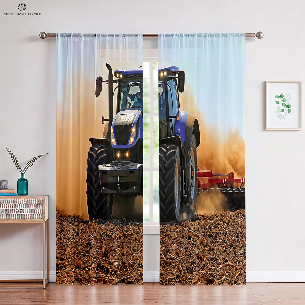 Realistic Printing Window Curtains, 3D Printing Tractor, Bedroom, Living Room, Study Decoration, Home Decoration, 2Pcs