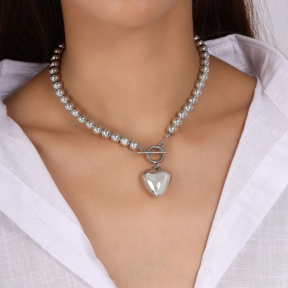 Aihua Silberfarbene CCB-Perlen Liebesherz-Anhänger Halskette für Frauen Gotische Herz-Halskette Choker Y2K Schmuck Geschenke – Detail 2