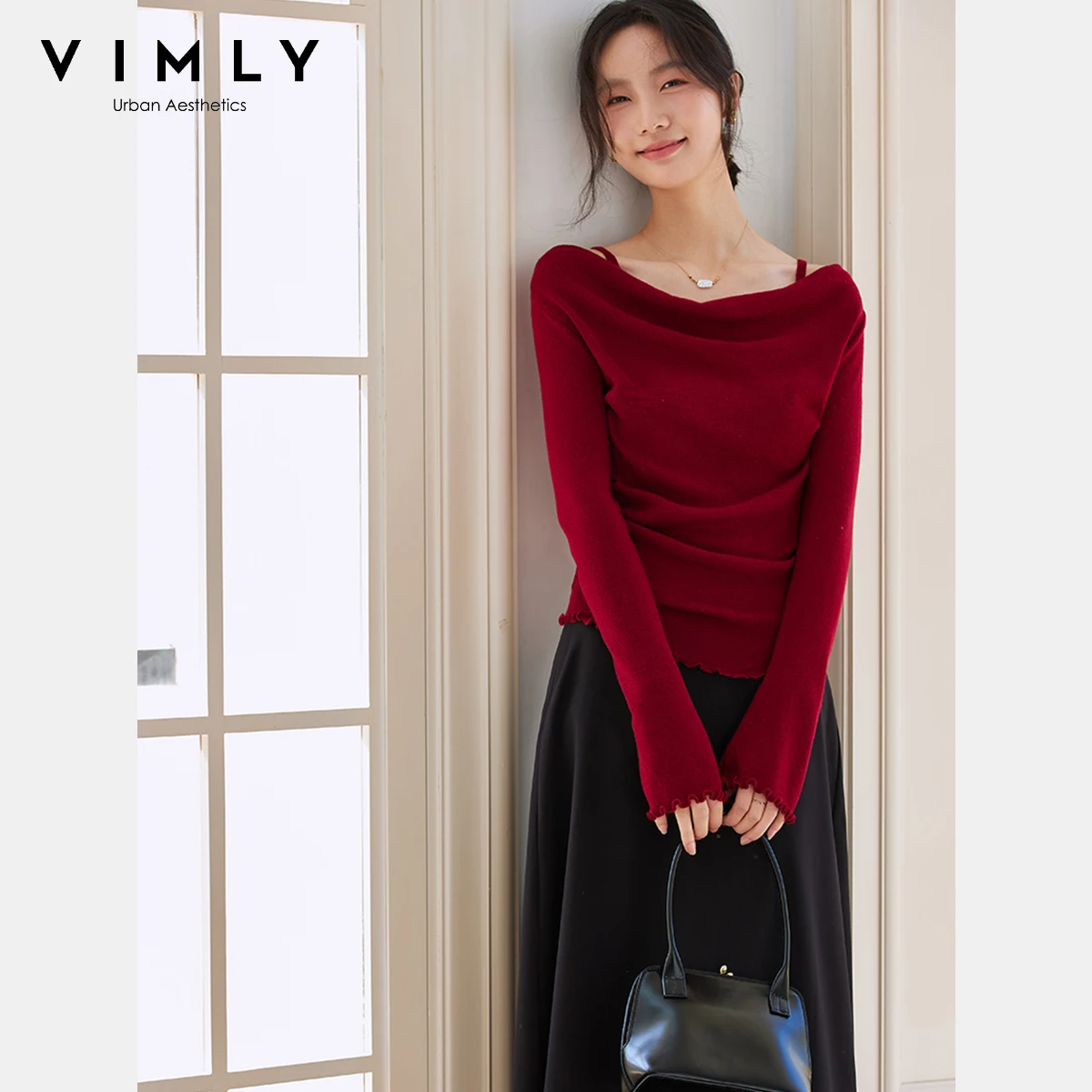 

VIMLY Red Knitted Pullovers 2025 Women French Slash Neck Wool Sweater Autumn Slim Fit Long Sleeve Strecth Ladies Jumper 73959