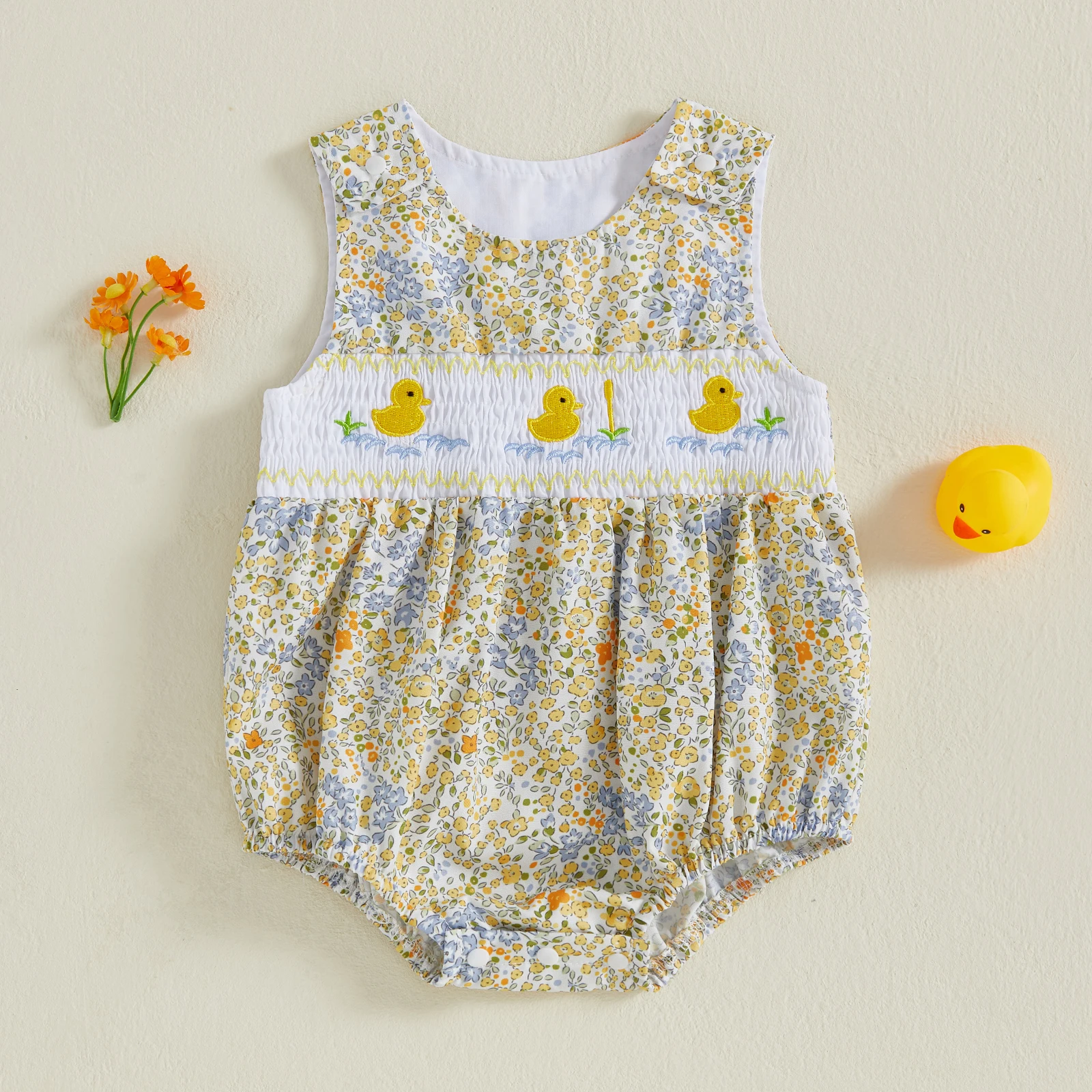 0-18 Months Baby Girl Duck Embroidery Romper Infant Sleeveless Round Neck Sweet Floral Jumpsuit