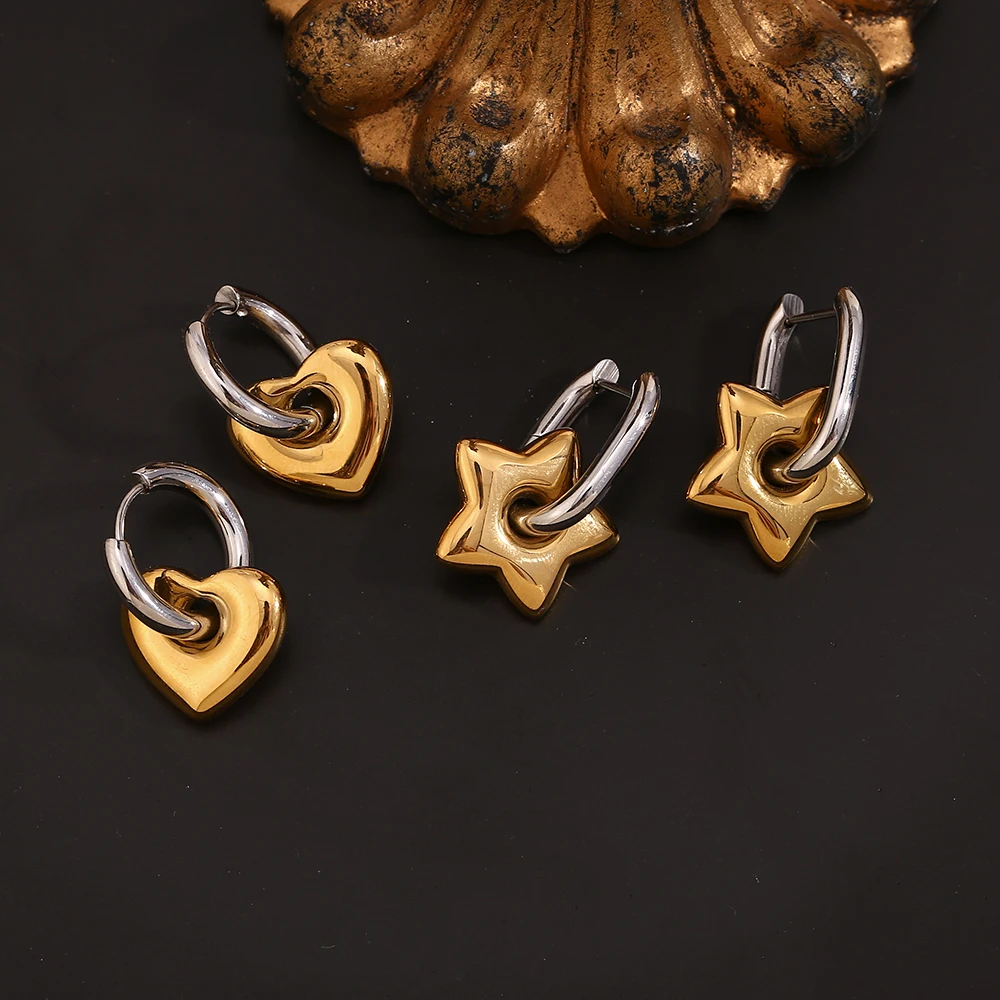 E.B.belle กันน้ําสี Heart Star จี้ต่างหู 18K Gold Plated สแตนเลสต่างหูเครื่องประดับสําหรับผู้หญิงหญิง